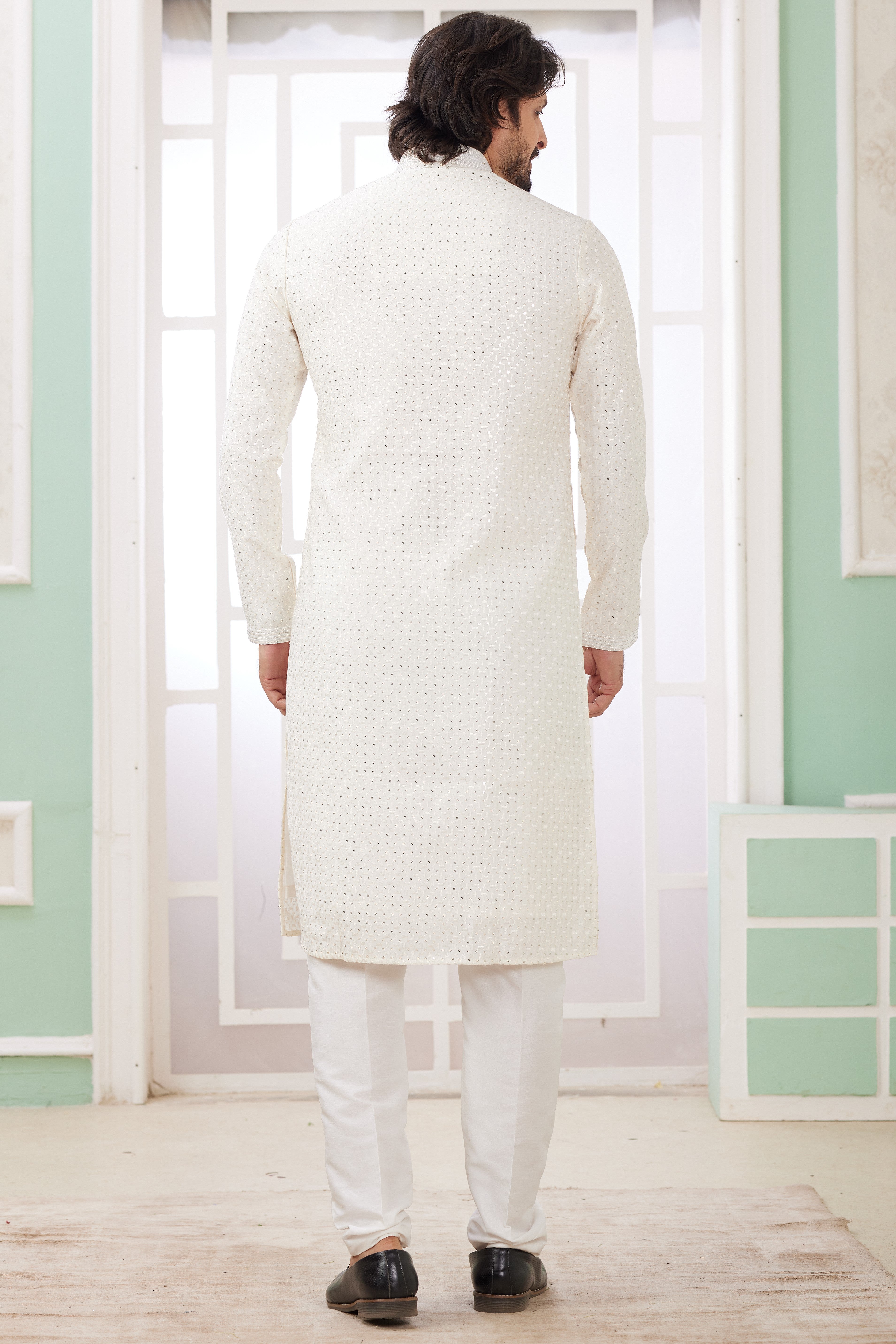 White Art Silk Indo Western Traditional Sherwani Long Kurta & Pant Suit for Men for Wedding - Embroidery Work