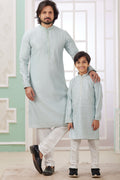 Sky Blue Art Silk Father Son Matching Combo Indo Western Traditional Sherwani Long Kurta & Pajama Suit for Wedding - Embroidery Work