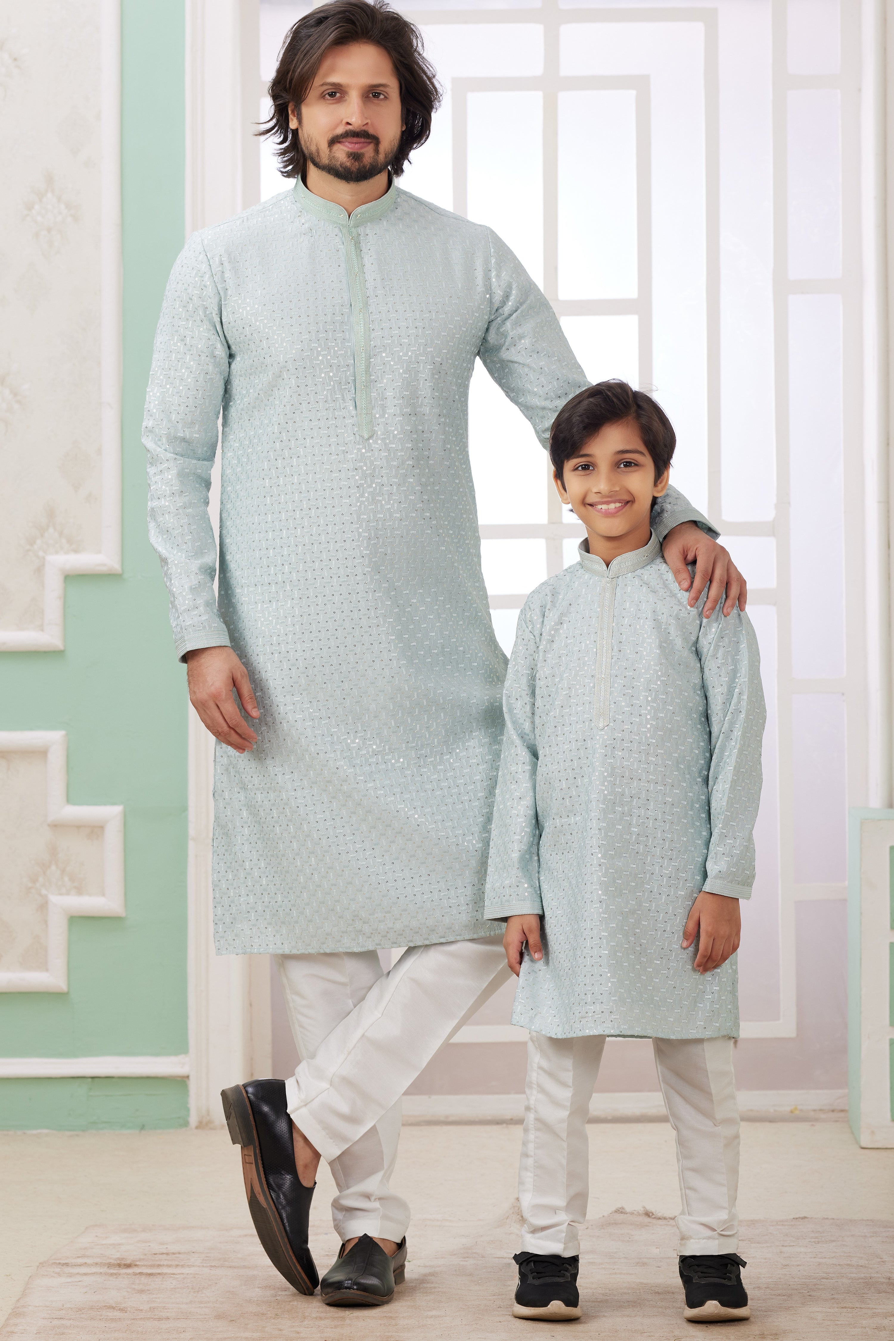 Sky Blue Art Silk Father Son Matching Combo Indo Western Traditional Sherwani Long Kurta & Pajama Suit for Wedding - Embroidery Work
