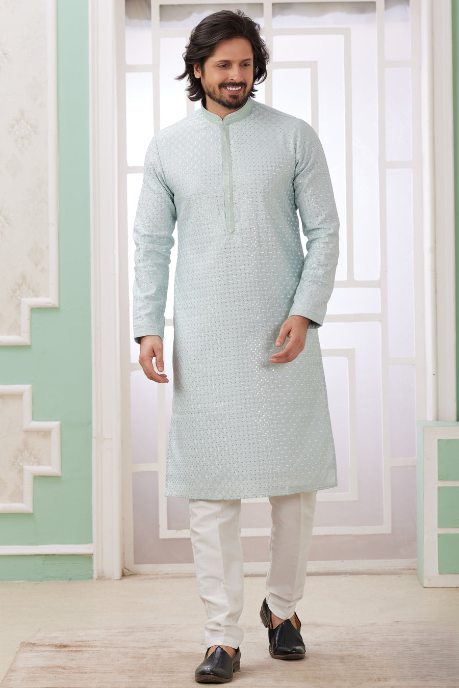 Sky Blue Art Silk Father Son Matching Combo Indo Western Traditional Sherwani Long Kurta & Pajama Suit for Wedding - Embroidery Work