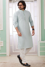 Sky Blue Art Silk Indo Western Traditional Sherwani Long Kurta & Pant Suit for Men for Wedding - Embroidery Work