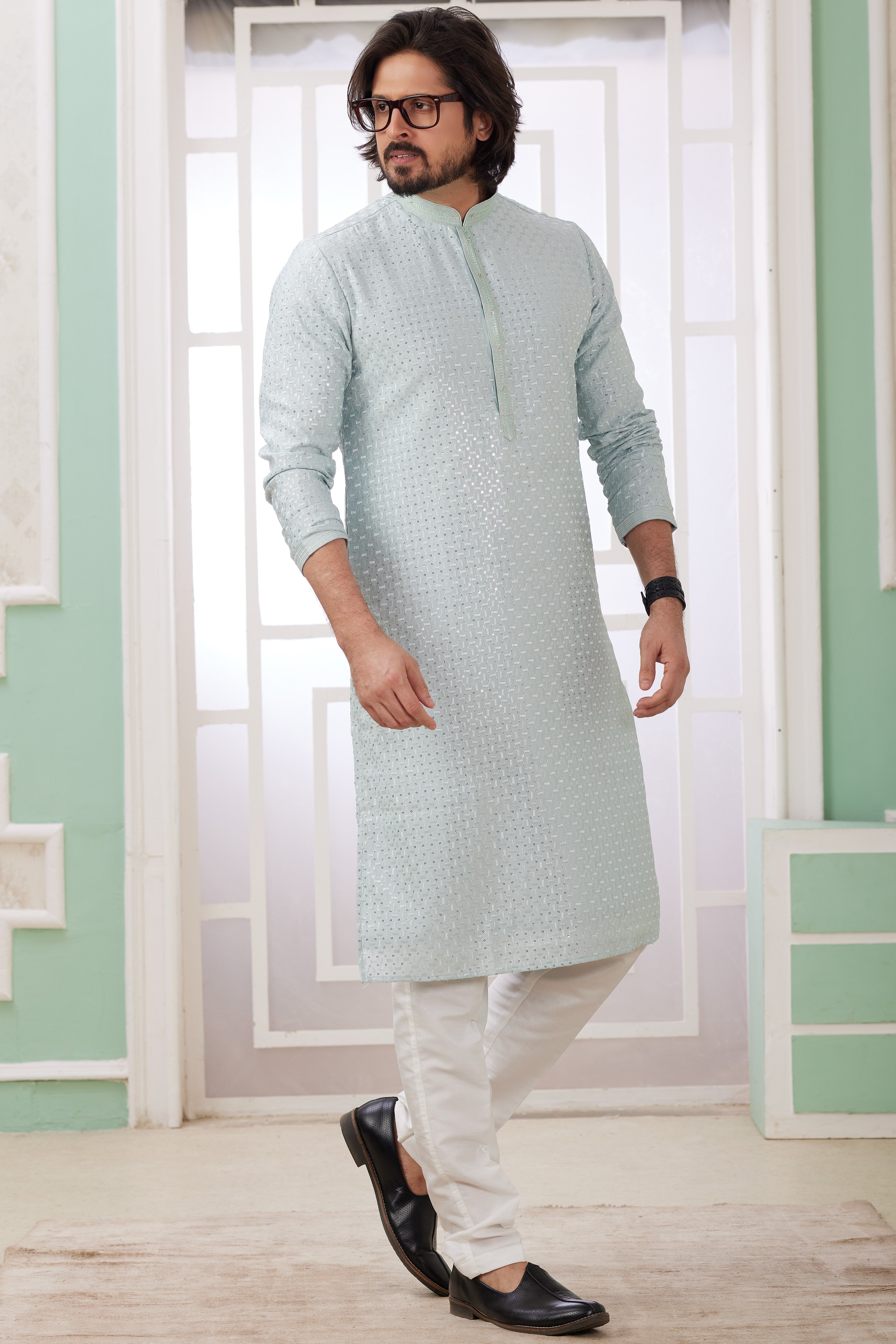 Sky Blue Art Silk Indo Western Traditional Sherwani Long Kurta & Pant Suit for Men for Wedding - Embroidery Work