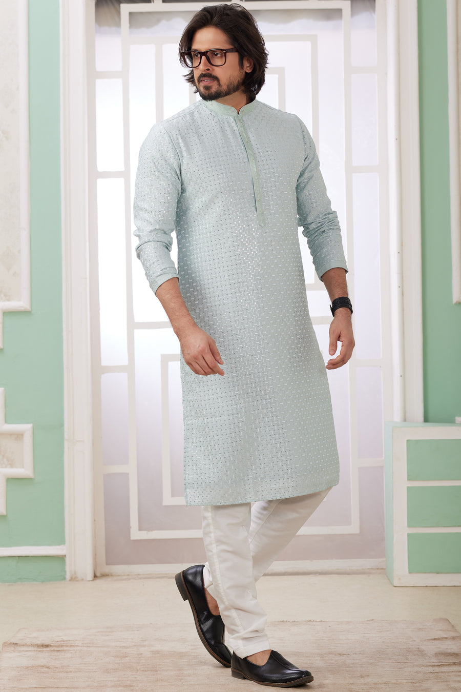Sky Blue Art Silk Indo Western Traditional Sherwani Long Kurta & Pant Suit for Men for Wedding - Embroidery Work