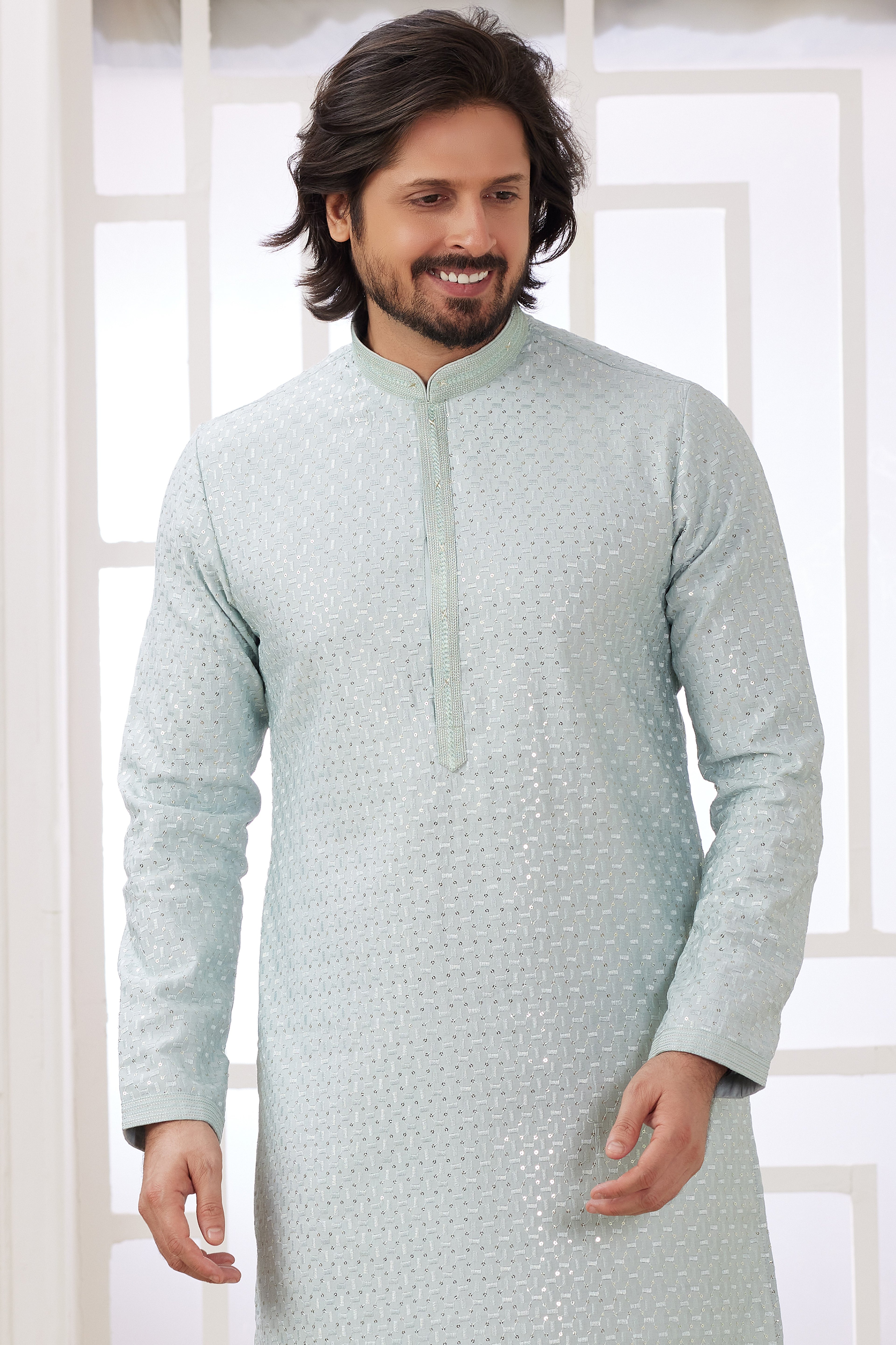 Sky Blue Art Silk Indo Western Traditional Sherwani Long Kurta & Pant Suit for Men for Wedding - Embroidery Work