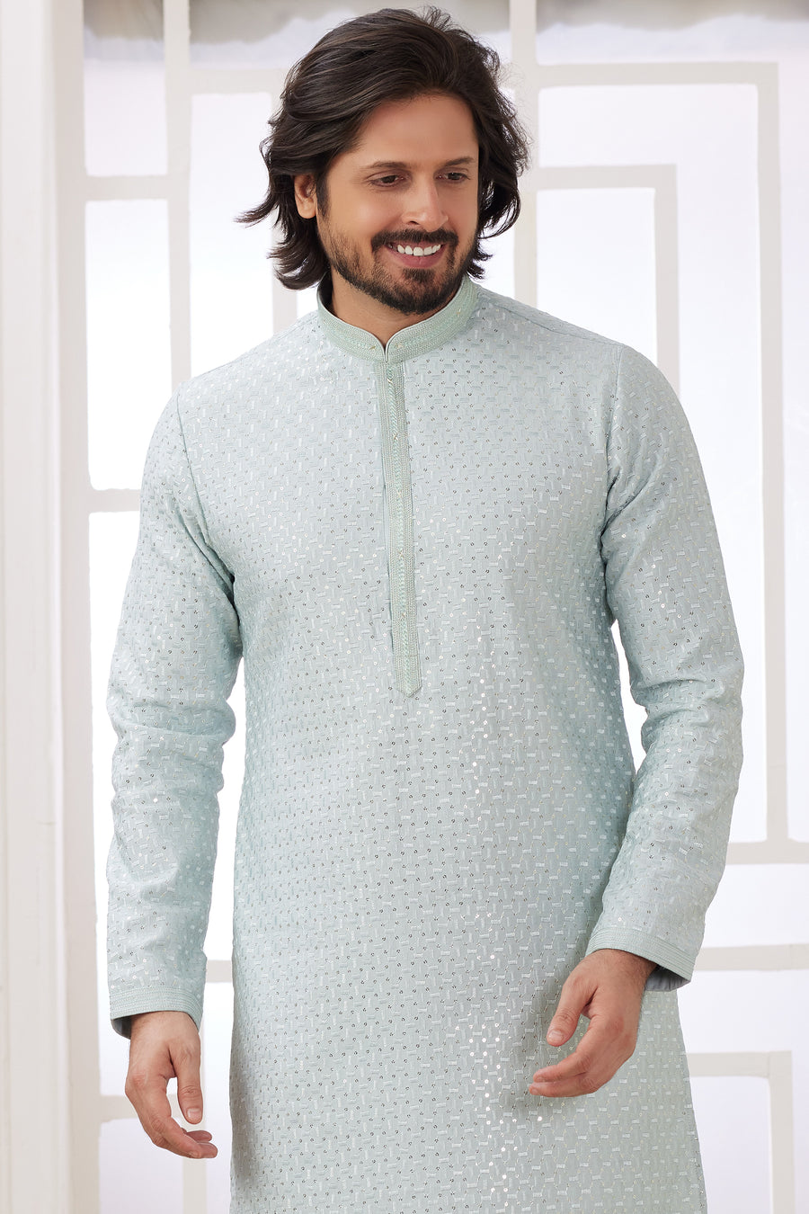 Sky Blue Art Silk Father Son Matching Combo Indo Western Traditional Sherwani Long Kurta & Pajama Suit for Wedding - Embroidery Work