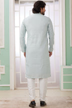 Sky Blue Art Silk Indo Western Traditional Sherwani Long Kurta & Pant Suit for Men for Wedding - Embroidery Work