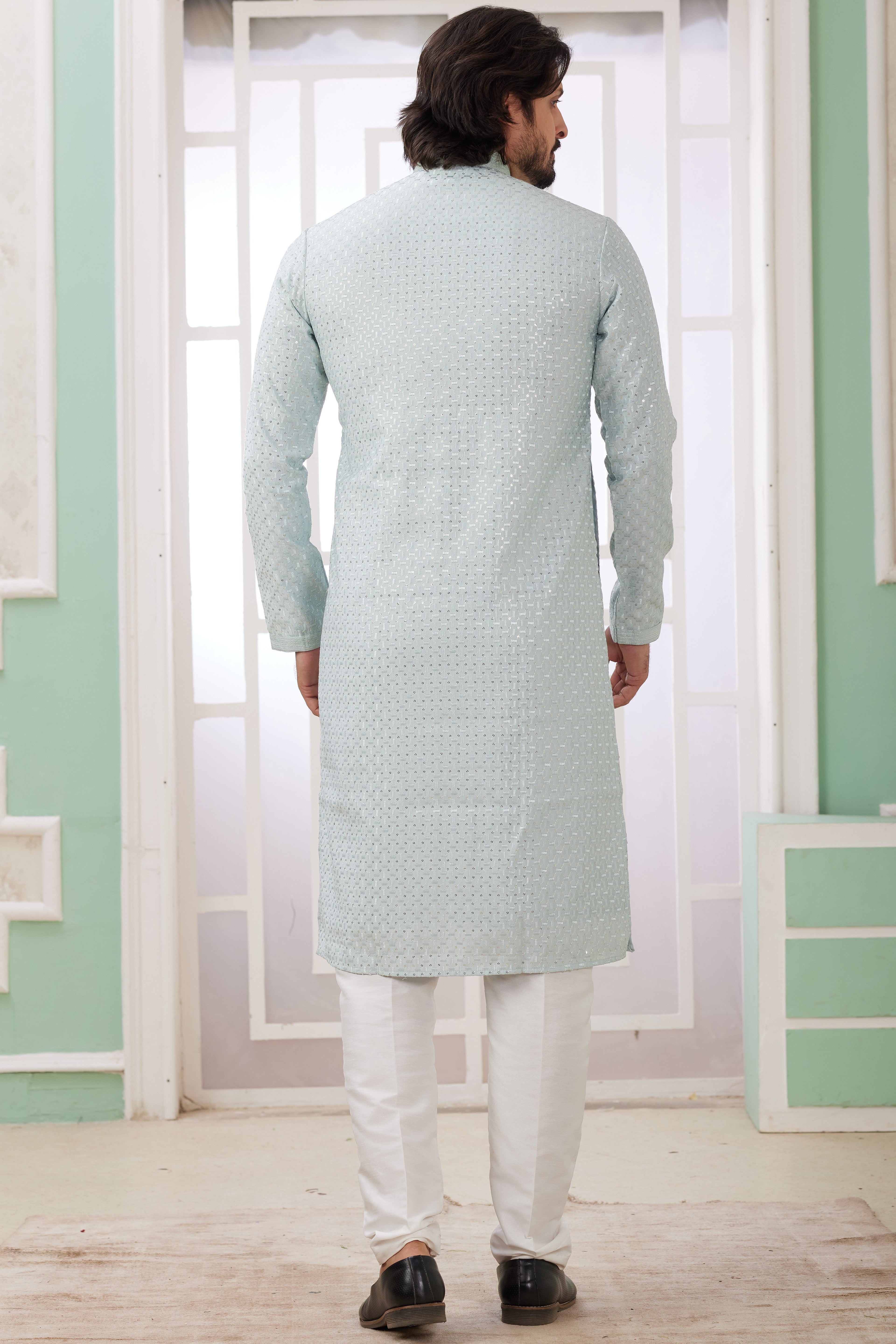 Sky Blue Art Silk Indo Western Traditional Sherwani Long Kurta & Pant Suit for Men for Wedding - Embroidery Work