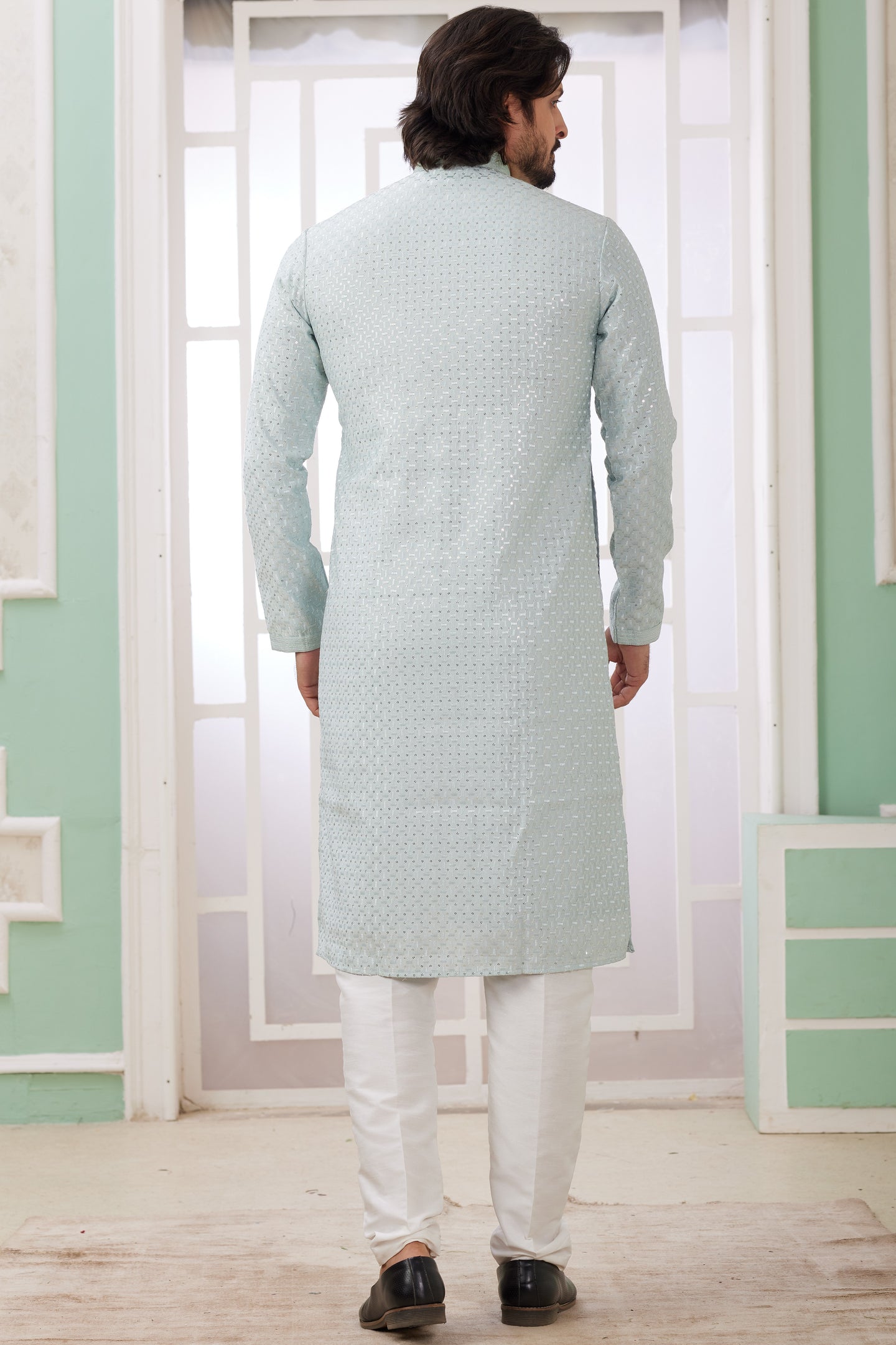 Sky Blue Art Silk Father Son Matching Combo Indo Western Traditional Sherwani Long Kurta & Pajama Suit for Wedding - Embroidery Work