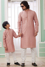 Rose Gold Art Silk Father Son Matching Combo Indo Western Traditional Sherwani Long Kurta & Pajama Suit for Wedding - Embroidery Work