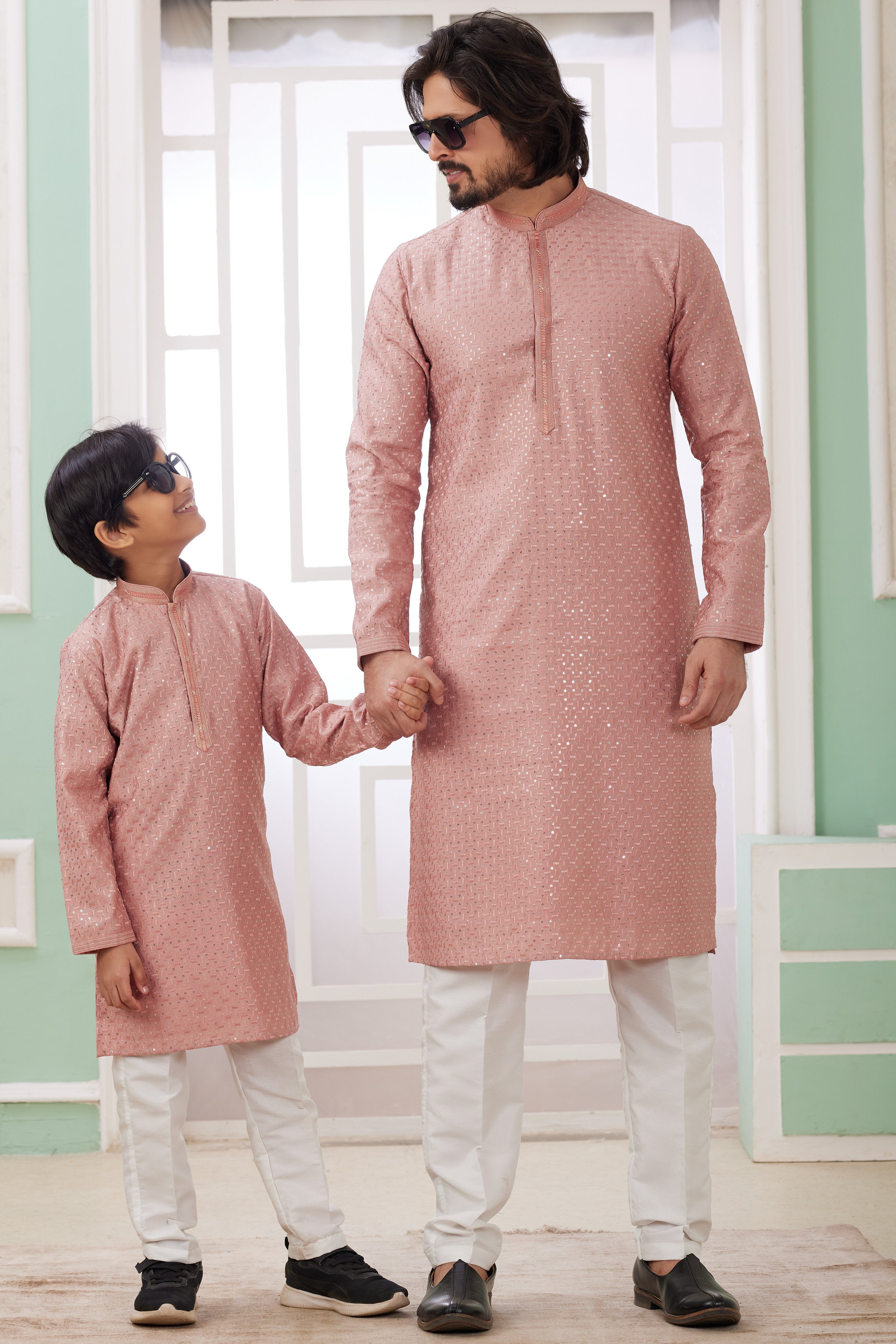 Rose Gold Art Silk Father Son Matching Combo Indo Western Traditional Sherwani Long Kurta & Pajama Suit for Wedding - Embroidery Work