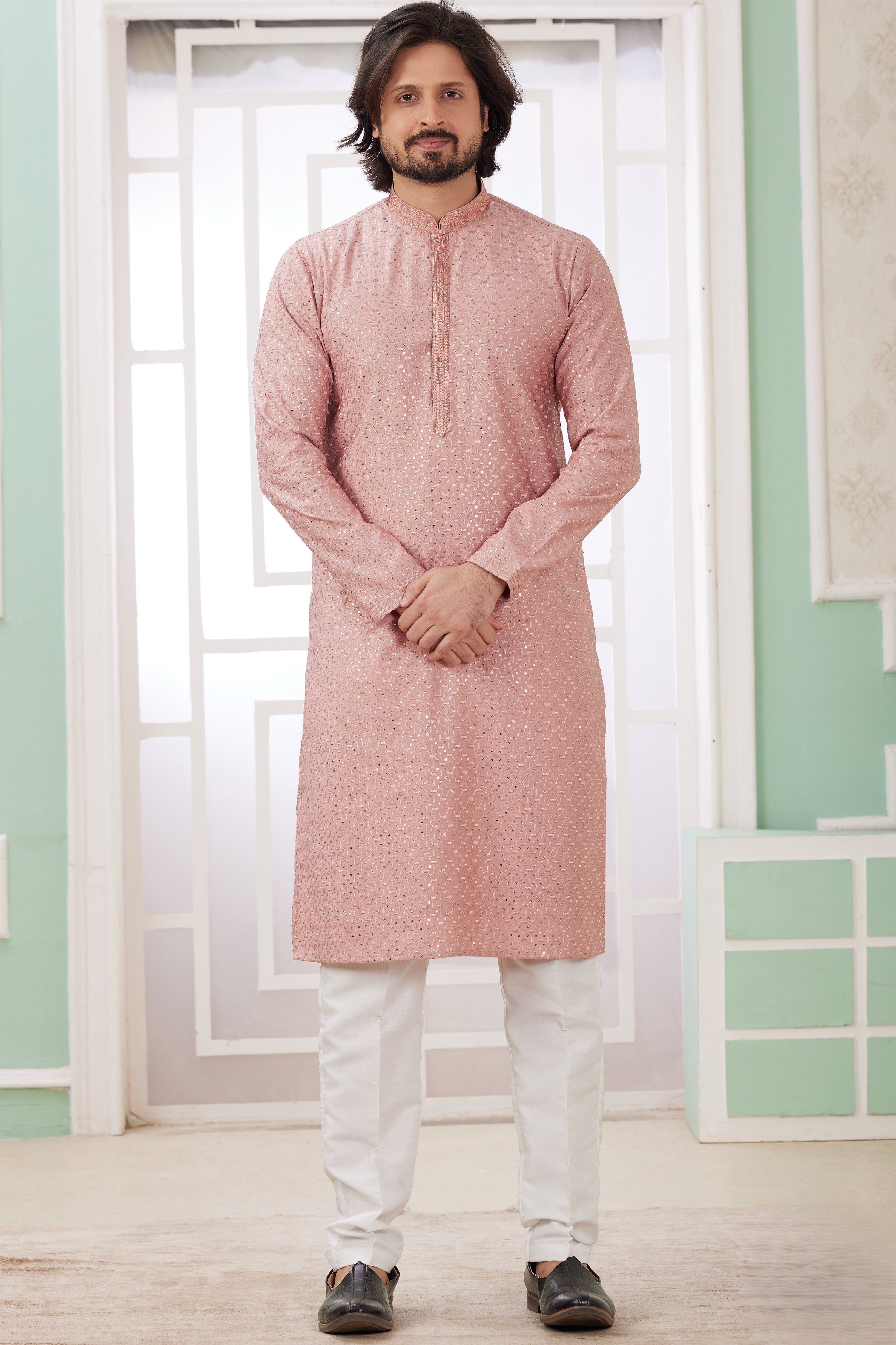 Rose Gold Art Silk Indo Western Traditional Sherwani Long Kurta & Pant Suit for Men for Wedding - Embrodery Work