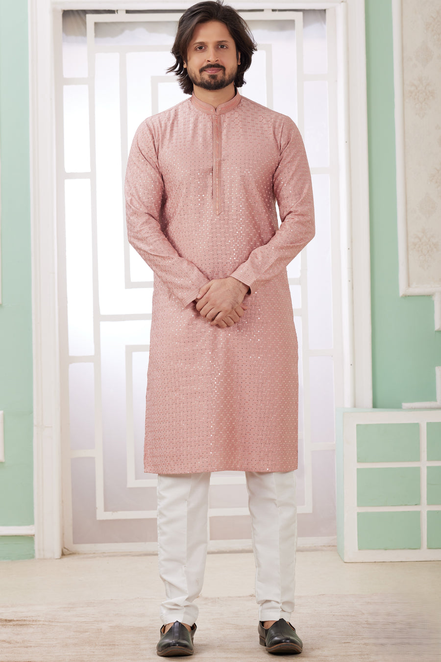 Rose Gold Art Silk Father Son Matching Combo Indo Western Traditional Sherwani Long Kurta & Pajama Suit for Wedding - Embroidery Work