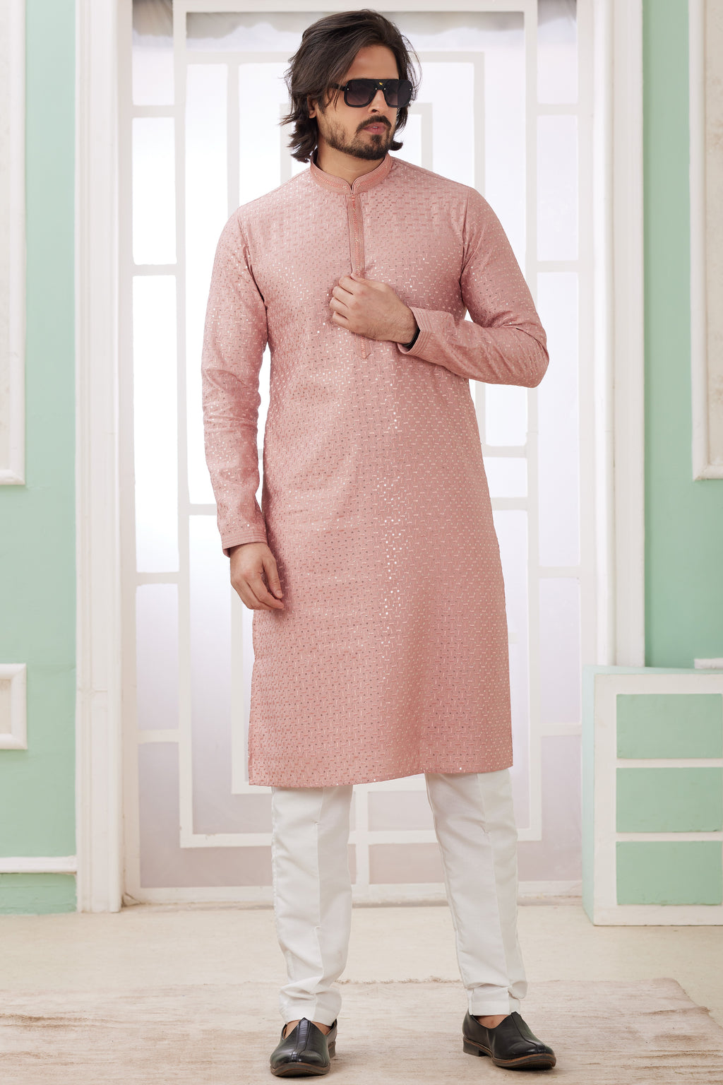 Rose Gold Art Silk Indo Western Traditional Sherwani Long Kurta & Pant Suit for Men for Wedding - Embrodery Work