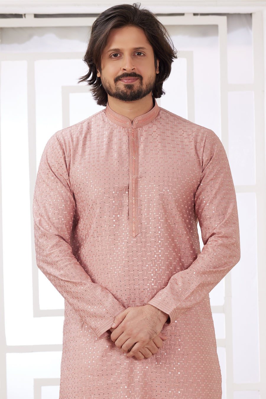 Rose Gold Art Silk Father Son Matching Combo Indo Western Traditional Sherwani Long Kurta & Pajama Suit for Wedding - Embroidery Work
