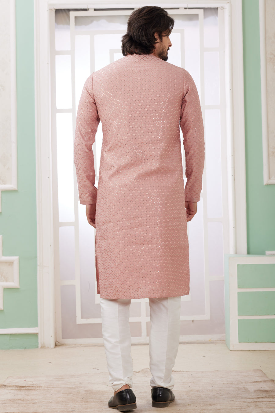 Rose Gold Art Silk Father Son Matching Combo Indo Western Traditional Sherwani Long Kurta & Pajama Suit for Wedding - Embroidery Work