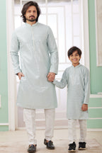 Sky Blue Art Silk Father Son Matching Combo Indo Western Traditional Sherwani Long Kurta & Pajama Suit for Wedding - Embroidery Work