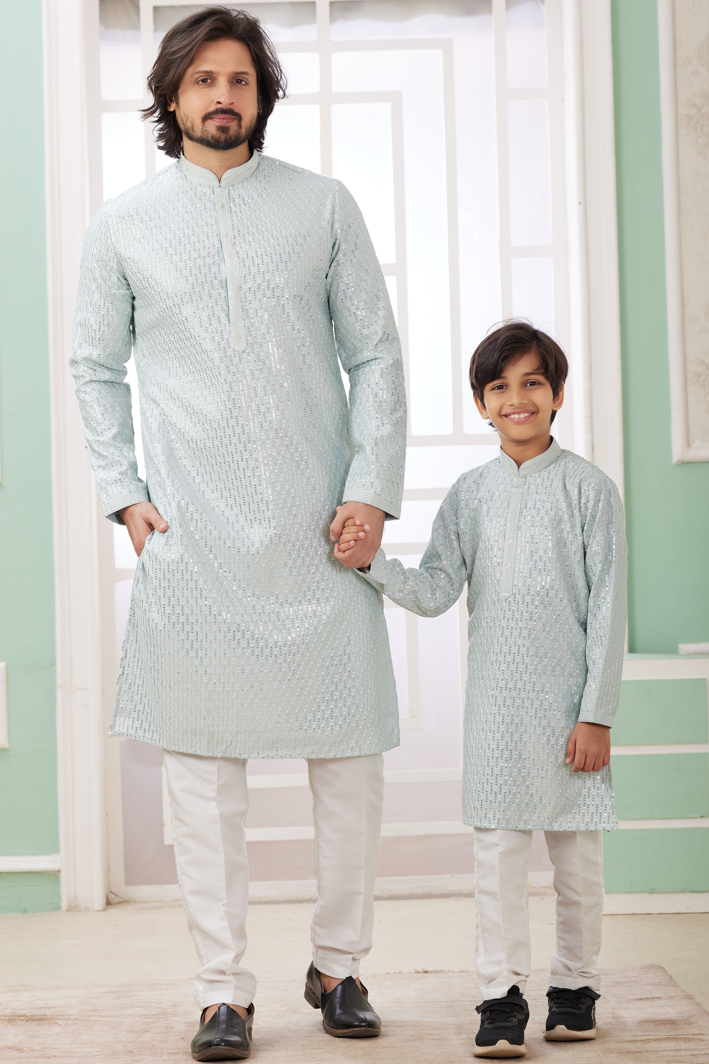 Sky Blue Art Silk Father Son Matching Combo Indo Western Traditional Sherwani Long Kurta & Pajama Suit for Wedding - Embroidery Work