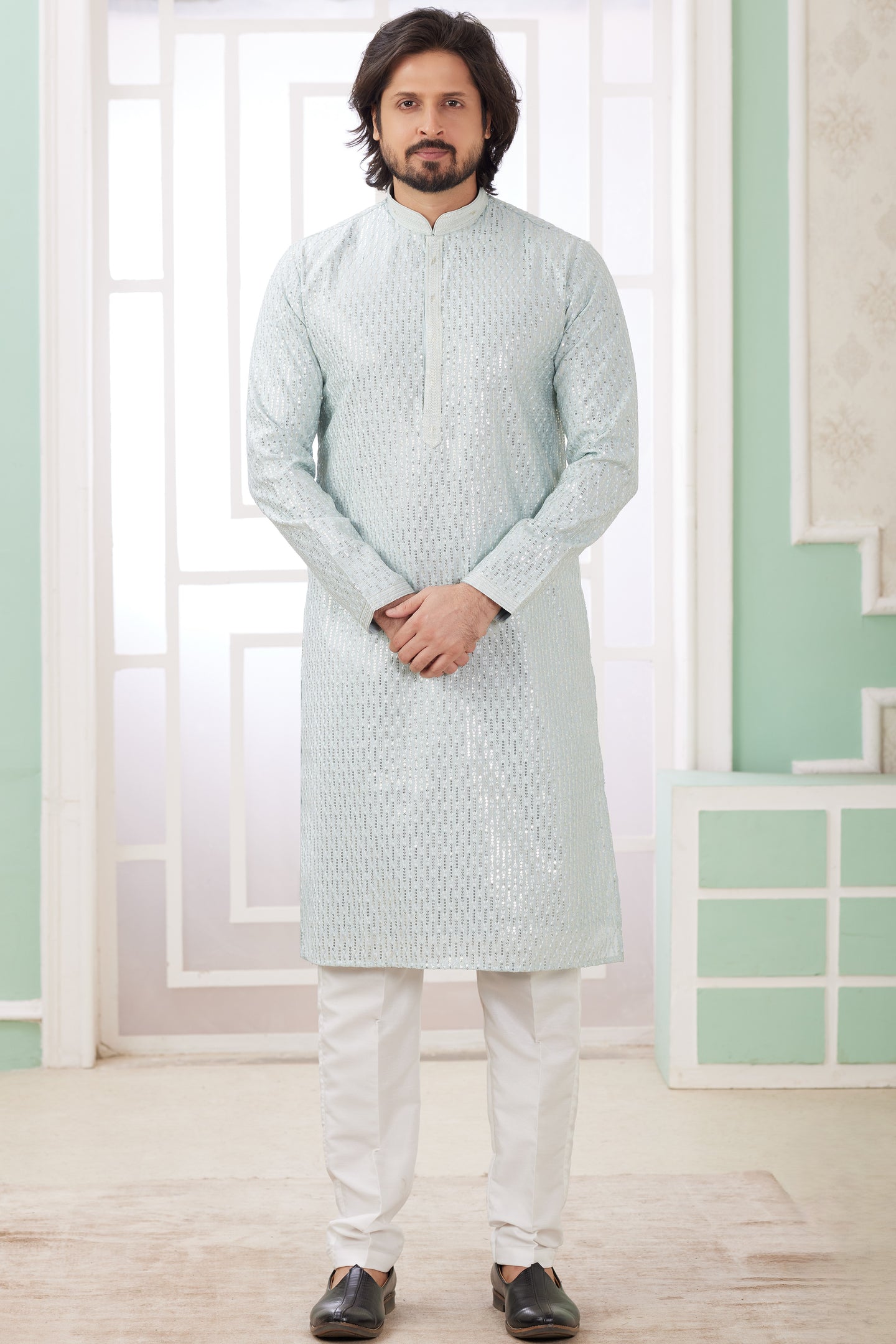 Sky Blue Art Silk Father Son Matching Combo Indo Western Traditional Sherwani Long Kurta & Pajama Suit for Wedding - Embroidery Work