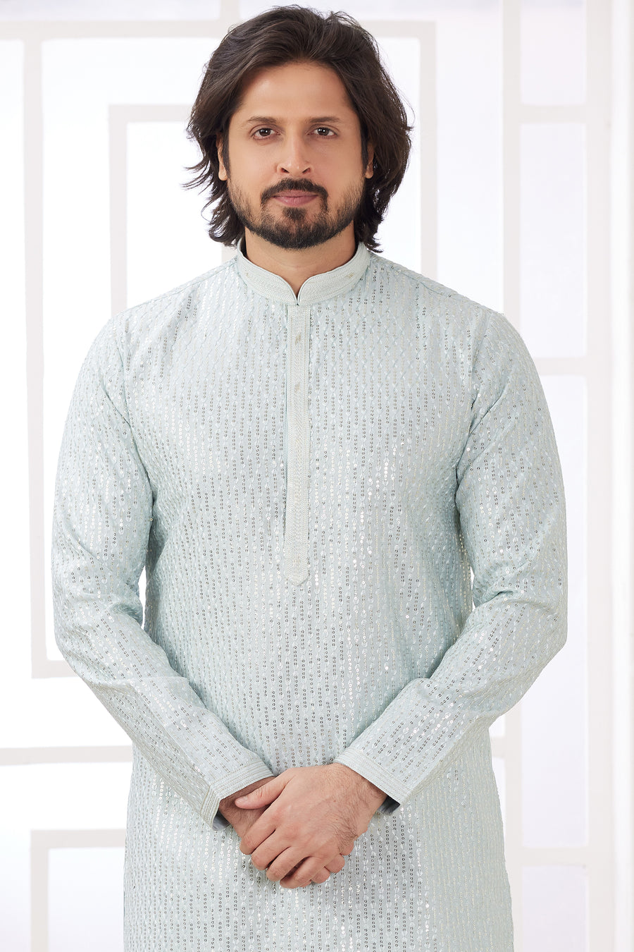 Sky Blue Art Silk Father Son Matching Combo Indo Western Traditional Sherwani Long Kurta & Pajama Suit for Wedding - Embroidery Work