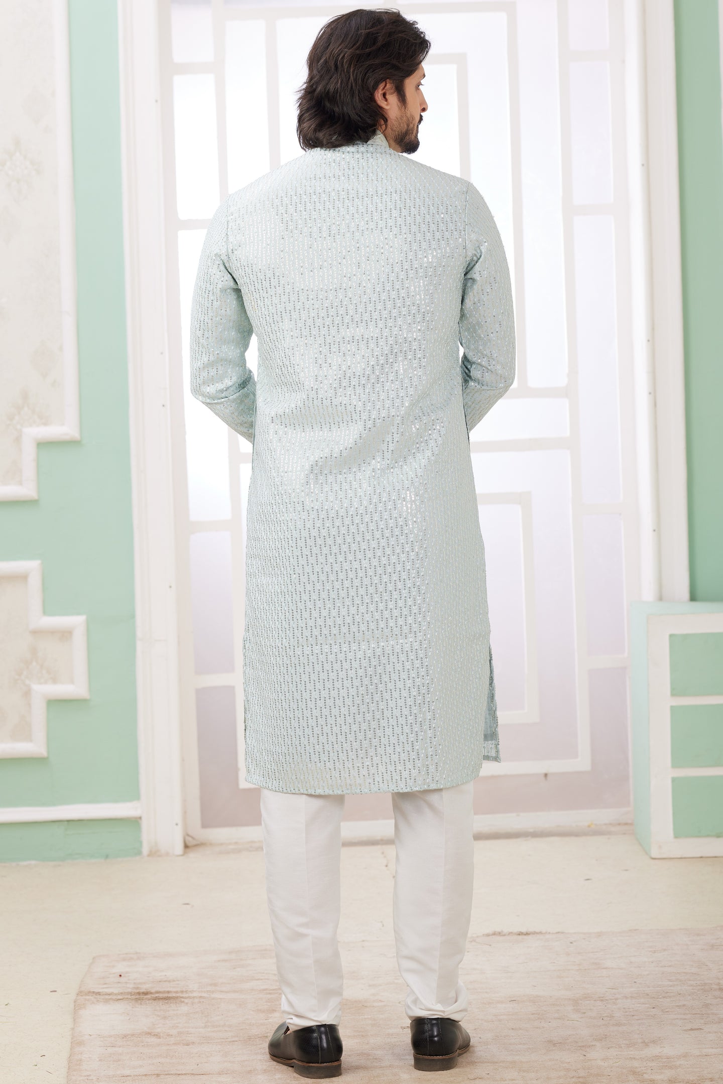 Sky Blue Art Silk Father Son Matching Combo Indo Western Traditional Sherwani Long Kurta & Pajama Suit for Wedding - Embroidery Work