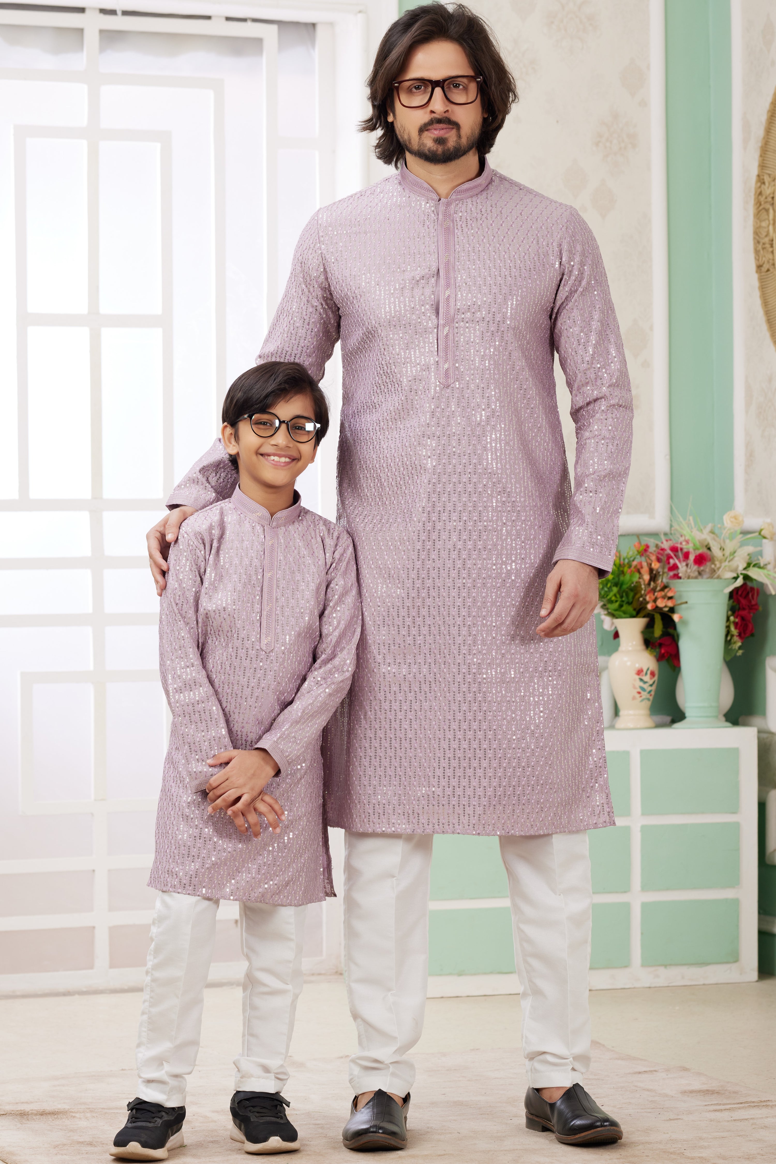 Purple Art Silk Father Son Matching Combo Indo Western Traditional Sherwani Long Kurta & Pajama Suit for Wedding - Embroidery Work