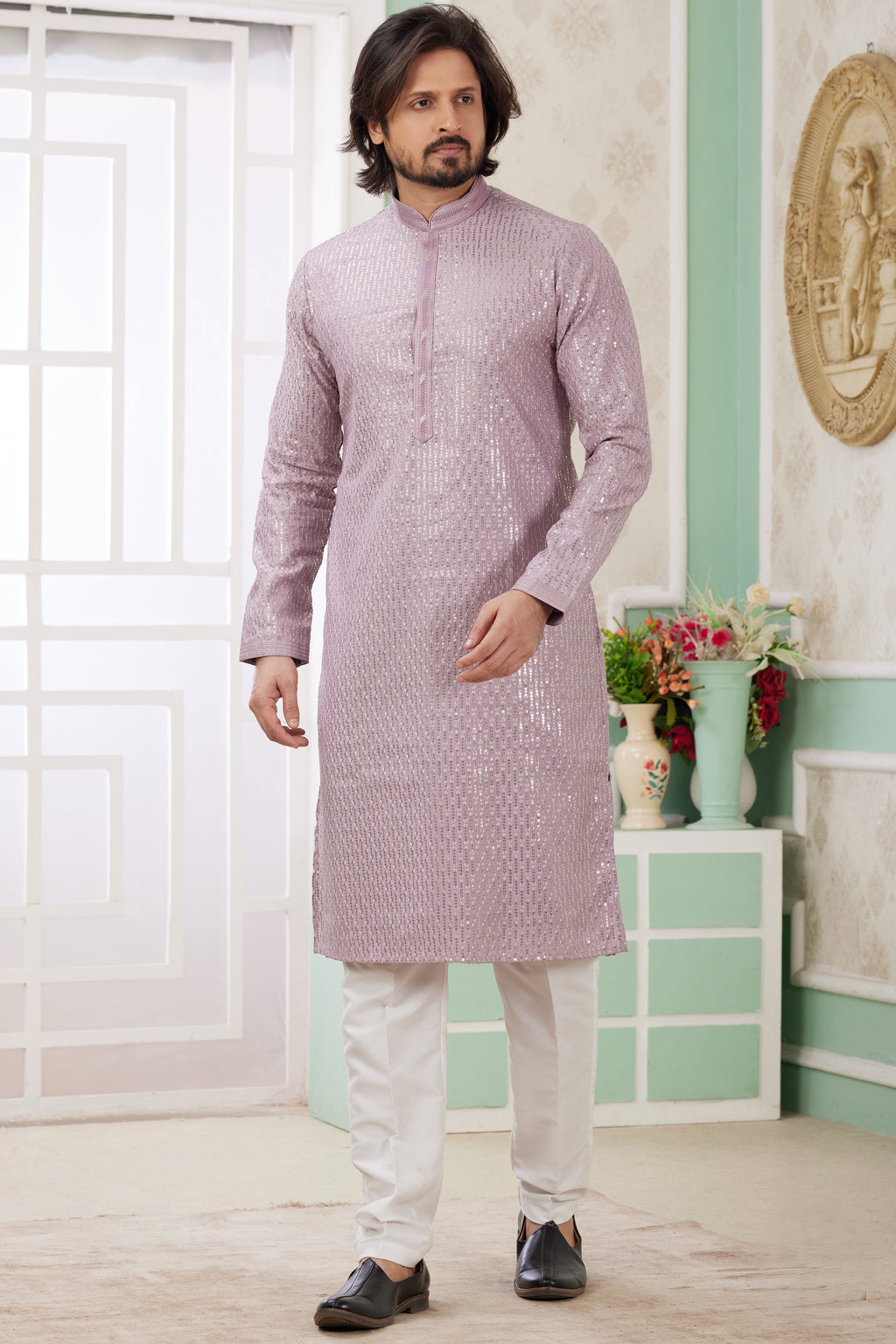 Purple Art Silk Father Son Matching Combo Indo Western Traditional Sherwani Long Kurta & Pajama Suit for Wedding - Embroidery Work
