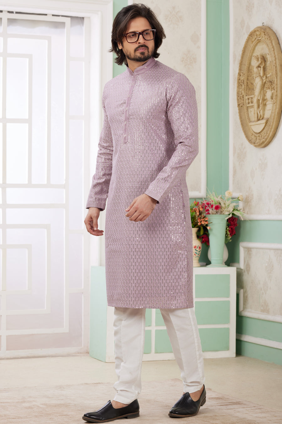 Purple Art Silk Indo Western Traditional Sherwani Long Kurta & Pant Suit for Men for Wedding - Embrodery Work