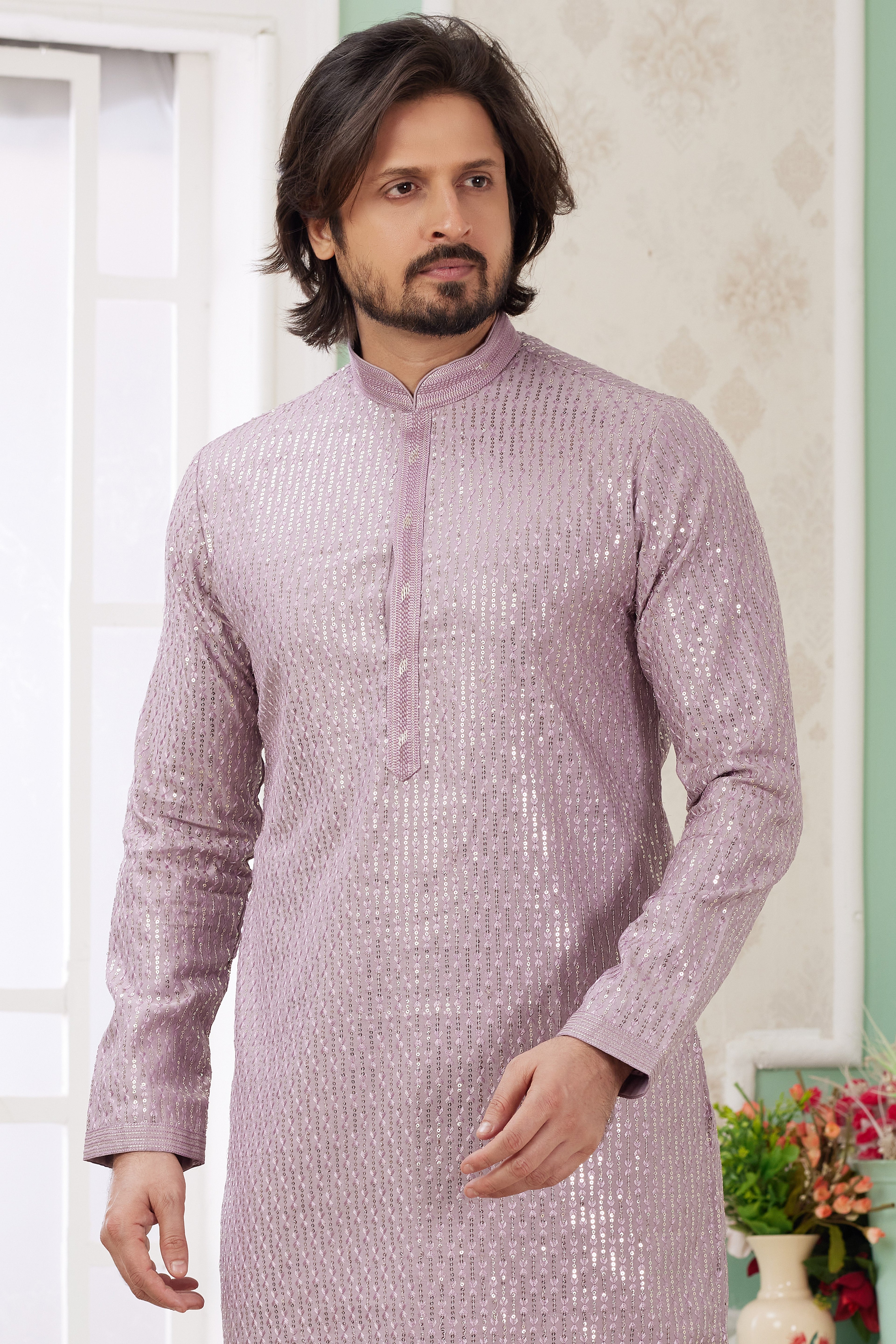 Purple Art Silk Indo Western Traditional Sherwani Long Kurta & Pant Suit for Men for Wedding - Embrodery Work