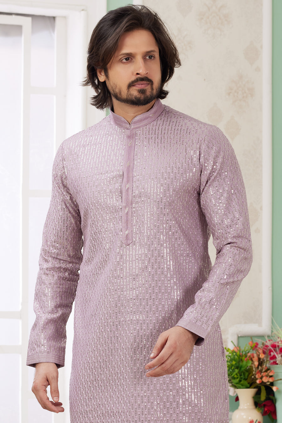 Purple Art Silk Indo Western Traditional Sherwani Long Kurta & Pant Suit for Men for Wedding - Embrodery Work