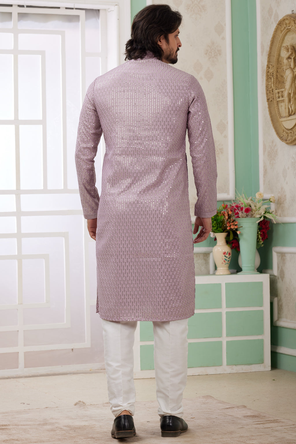 Purple Art Silk Indo Western Traditional Sherwani Long Kurta & Pant Suit for Men for Wedding - Embrodery Work