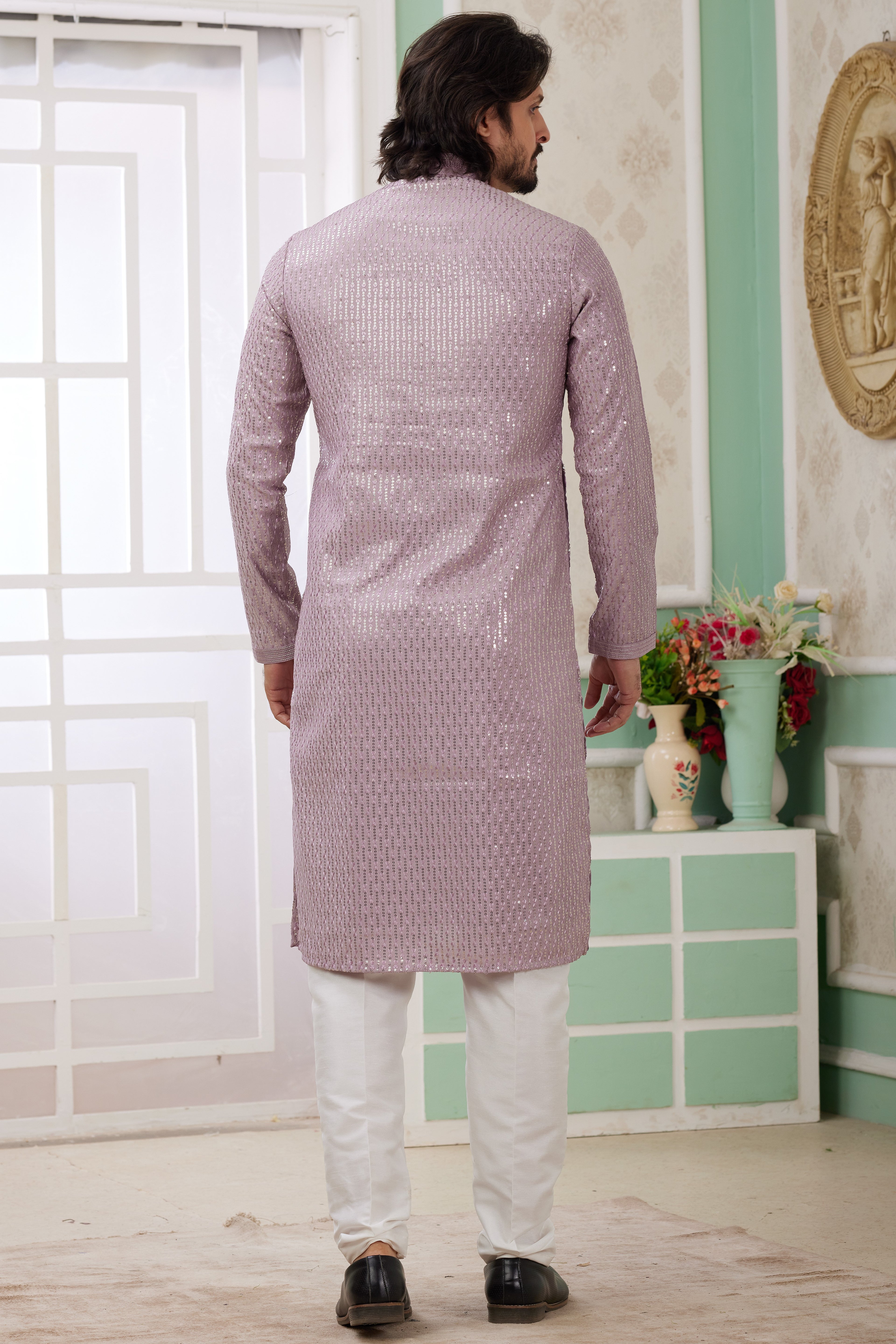 Purple Art Silk Indo Western Traditional Sherwani Long Kurta & Pant Suit for Men for Wedding - Embrodery Work