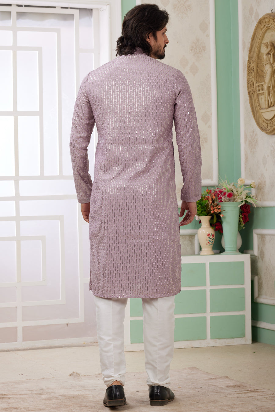Purple Art Silk Indo Western Traditional Sherwani Long Kurta & Pant Suit for Men for Wedding - Embrodery Work