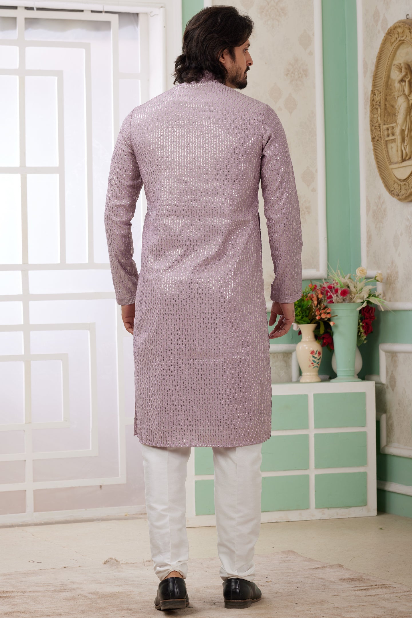 Purple Art Silk Father Son Matching Combo Indo Western Traditional Sherwani Long Kurta & Pajama Suit for Wedding - Embroidery Work