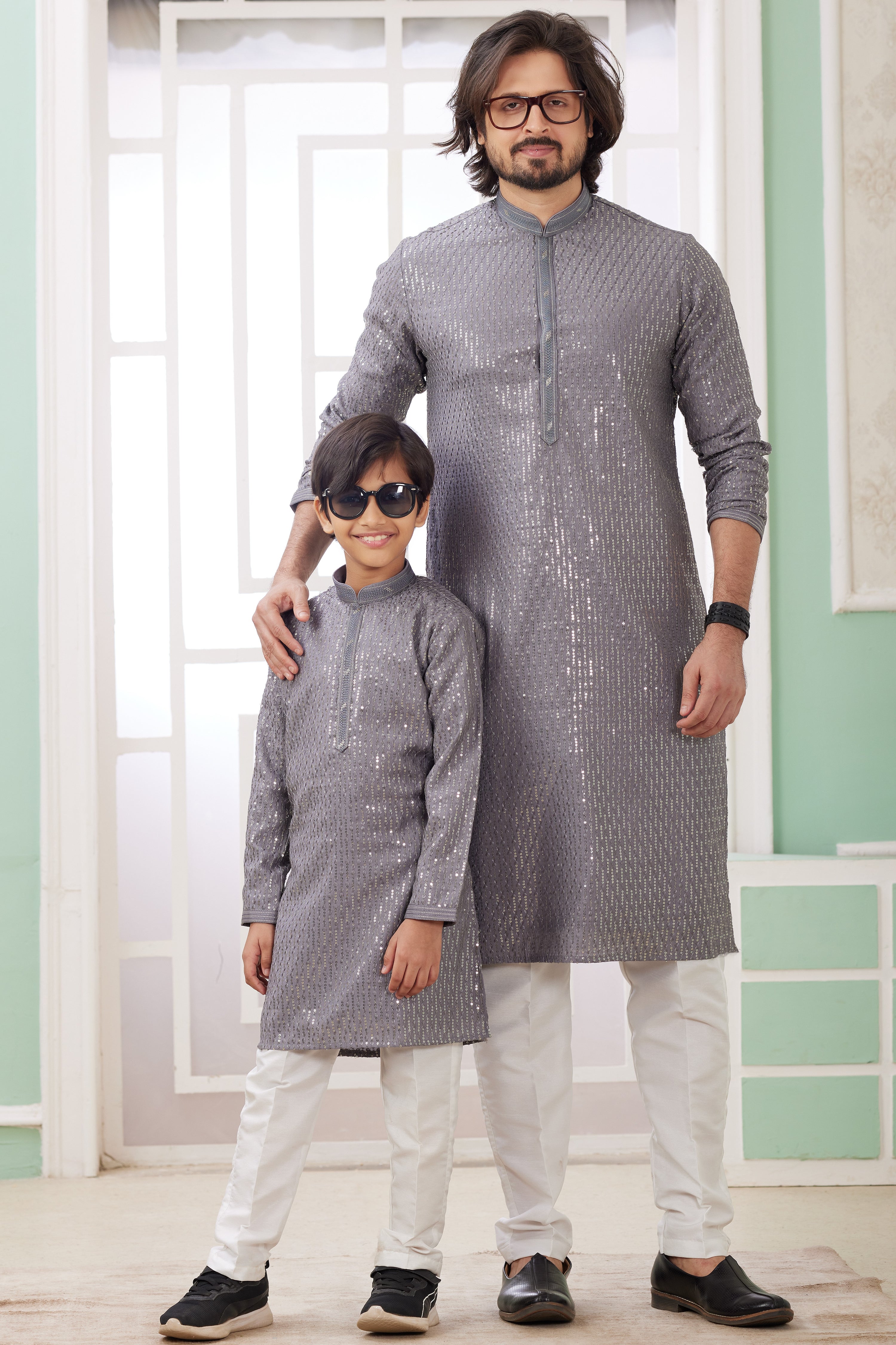 Gray Art Silk Father Son Matching Combo Indo Western Traditional Sherwani Long Kurta & Pajama Suit for Wedding - Embroidery Work