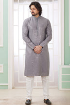 Gray Art Silk Indo Western Traditional Sherwani Long Kurta & Pant Suit for Men for Wedding - Embroidery Work