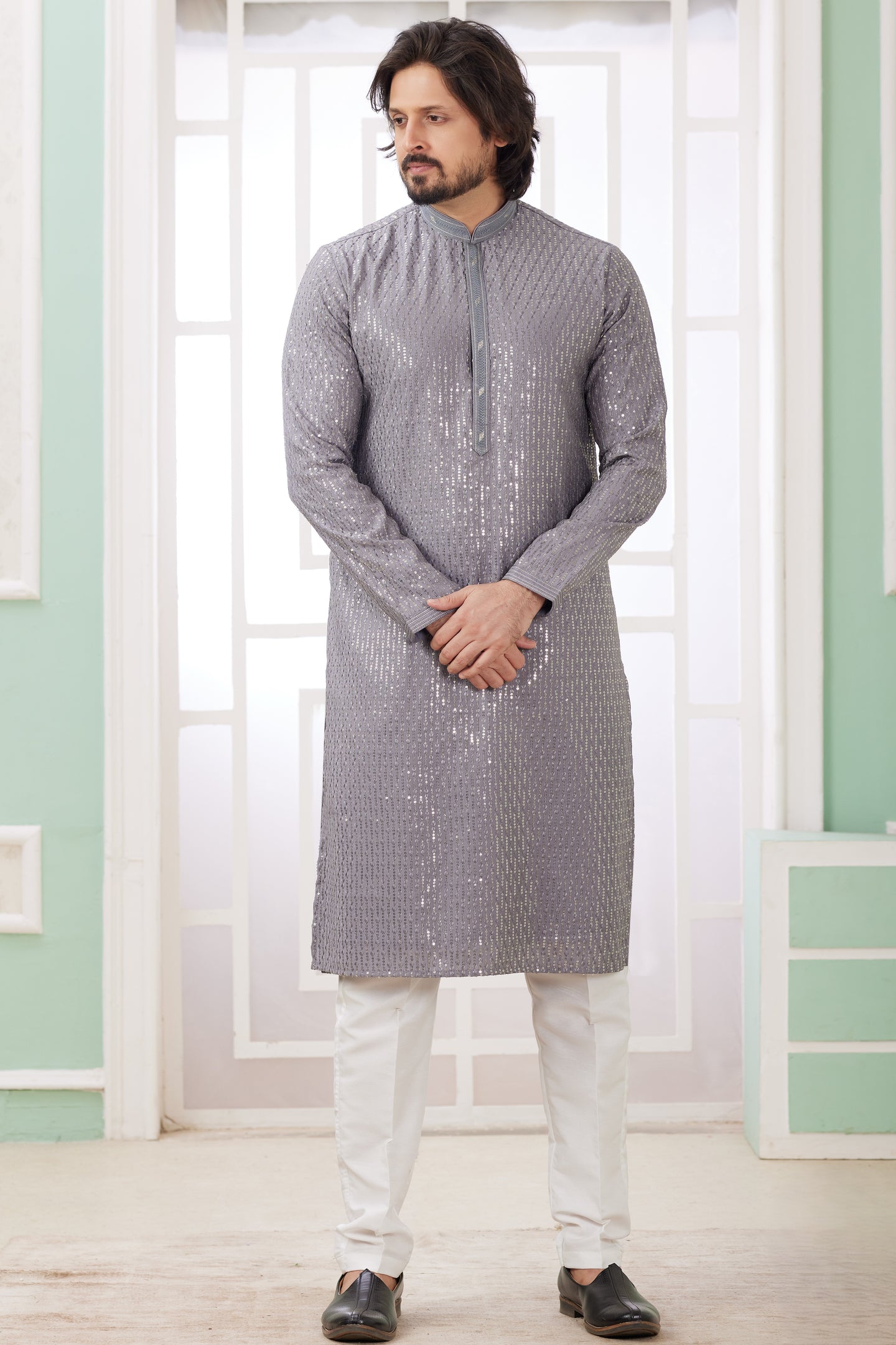 Gray Art Silk Father Son Matching Combo Indo Western Traditional Sherwani Long Kurta & Pajama Suit for Wedding - Embroidery Work