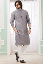 Gray Art Silk Indo Western Traditional Sherwani Long Kurta & Pant Suit for Men for Wedding - Embroidery Work