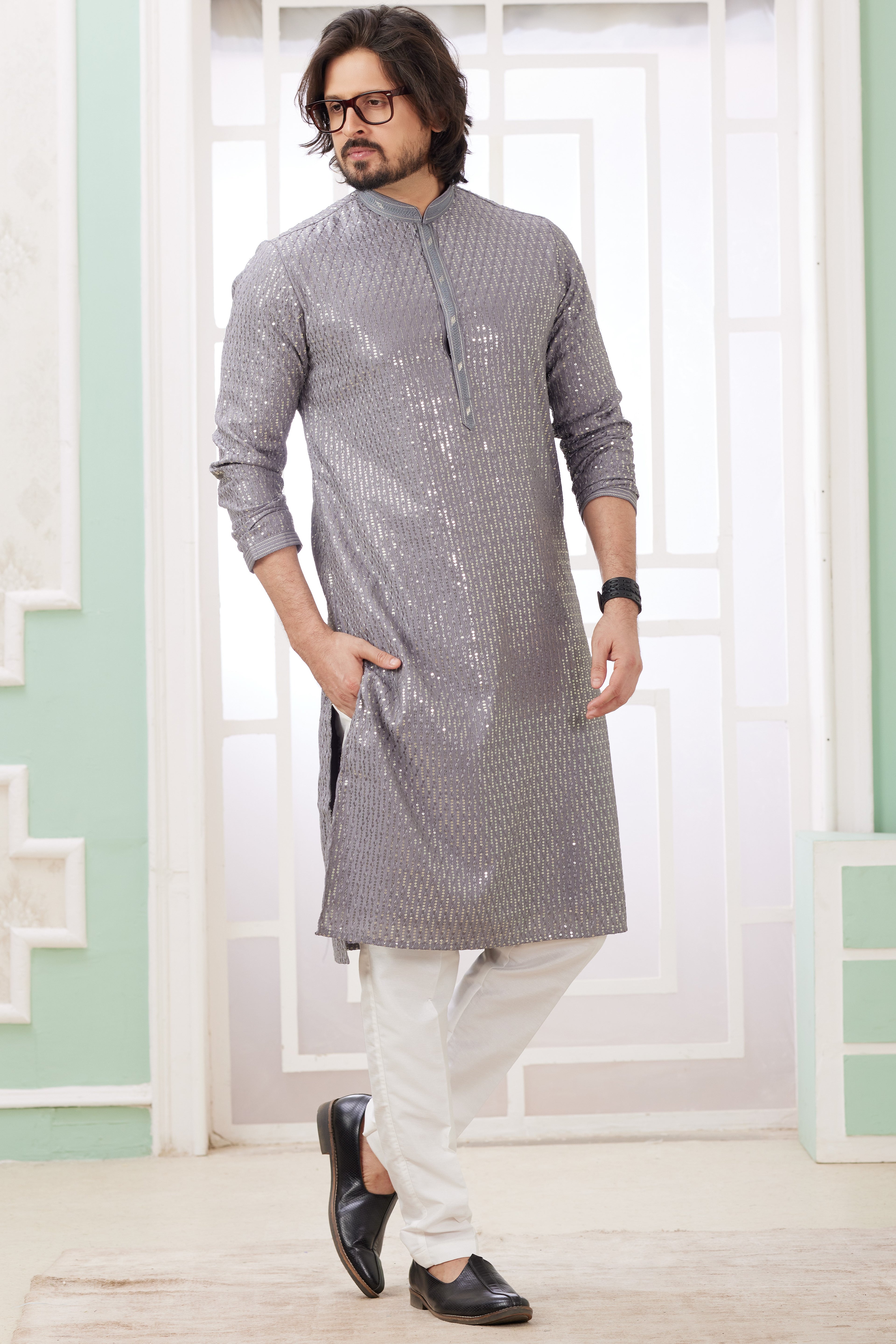 Gray Art Silk Indo Western Traditional Sherwani Long Kurta & Pant Suit for Men for Wedding - Embroidery Work