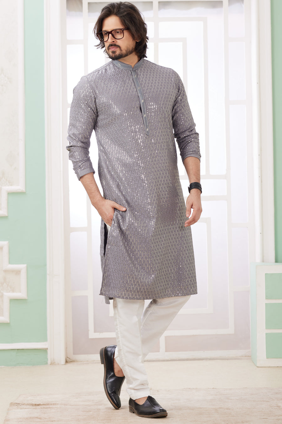 Gray Art Silk Indo Western Traditional Sherwani Long Kurta & Pant Suit for Men for Wedding - Embroidery Work