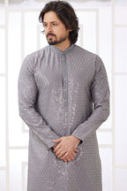 Gray Art Silk Indo Western Traditional Sherwani Long Kurta & Pant Suit for Men for Wedding - Embroidery Work