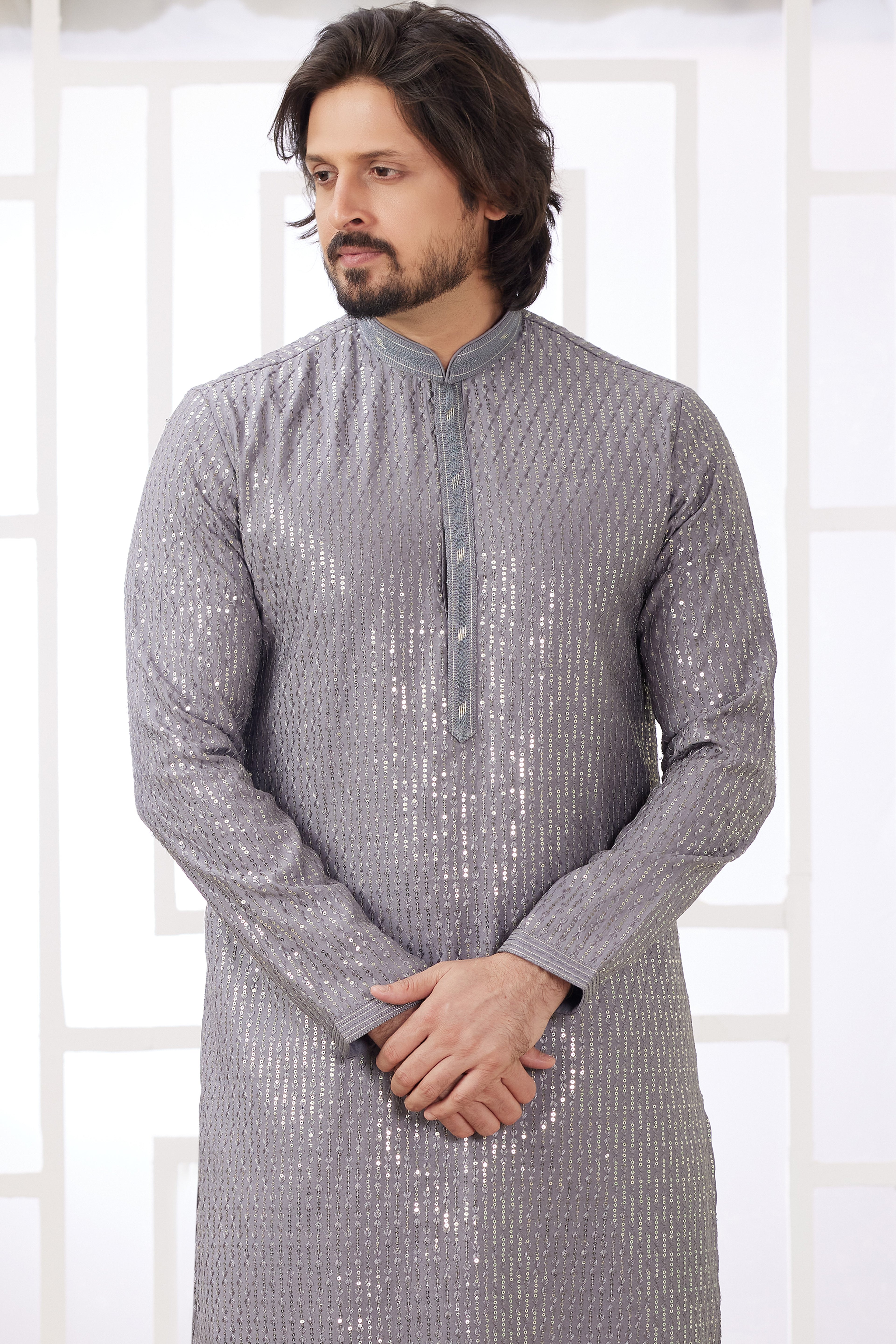 Gray Art Silk Father Son Matching Combo Indo Western Traditional Sherwani Long Kurta & Pajama Suit for Wedding - Embroidery Work