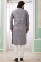 Gray Art Silk Indo Western Traditional Sherwani Long Kurta & Pant Suit for Men for Wedding - Embroidery Work