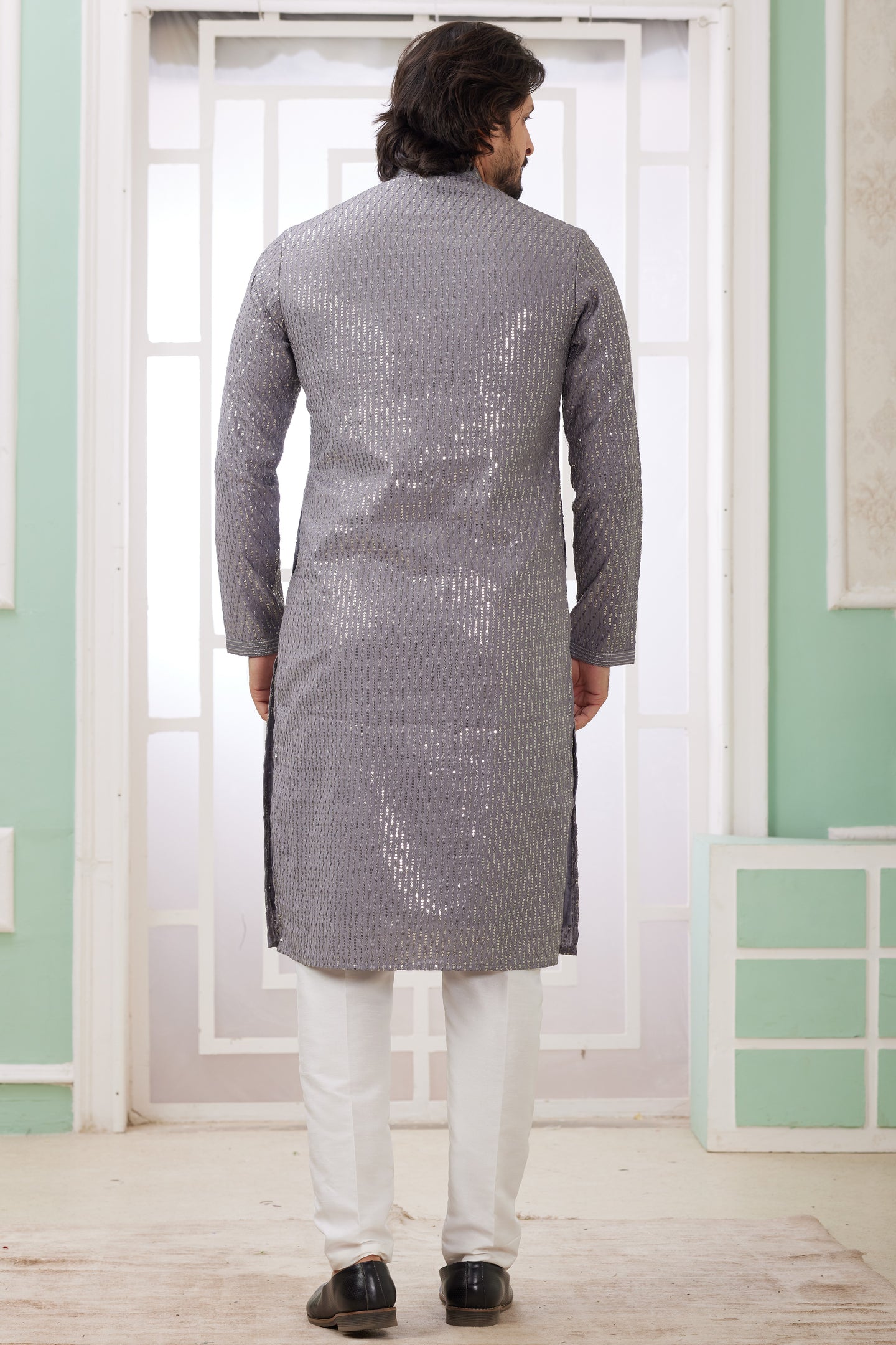 Gray Art Silk Father Son Matching Combo Indo Western Traditional Sherwani Long Kurta & Pajama Suit for Wedding - Embroidery Work