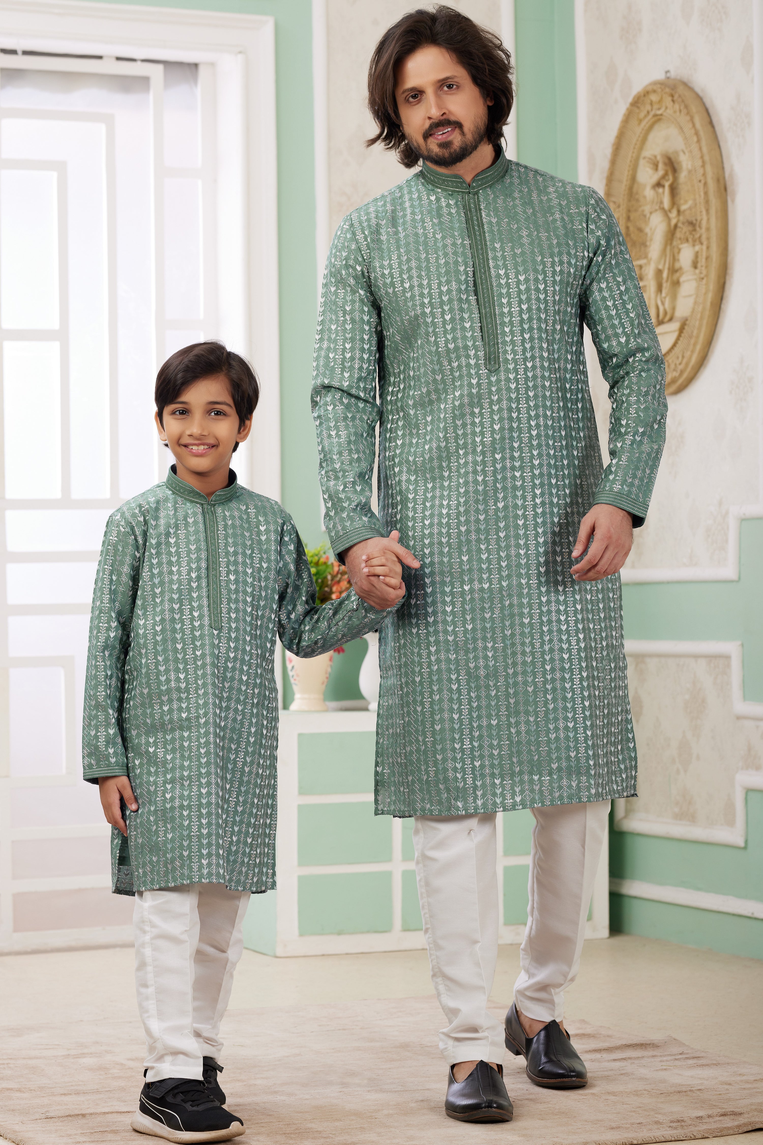 Light Green Art Silk Father Son Matching Combo Indo Western Traditional Sherwani Long Kurta & Pajama Suit for Wedding - Embroidery Work