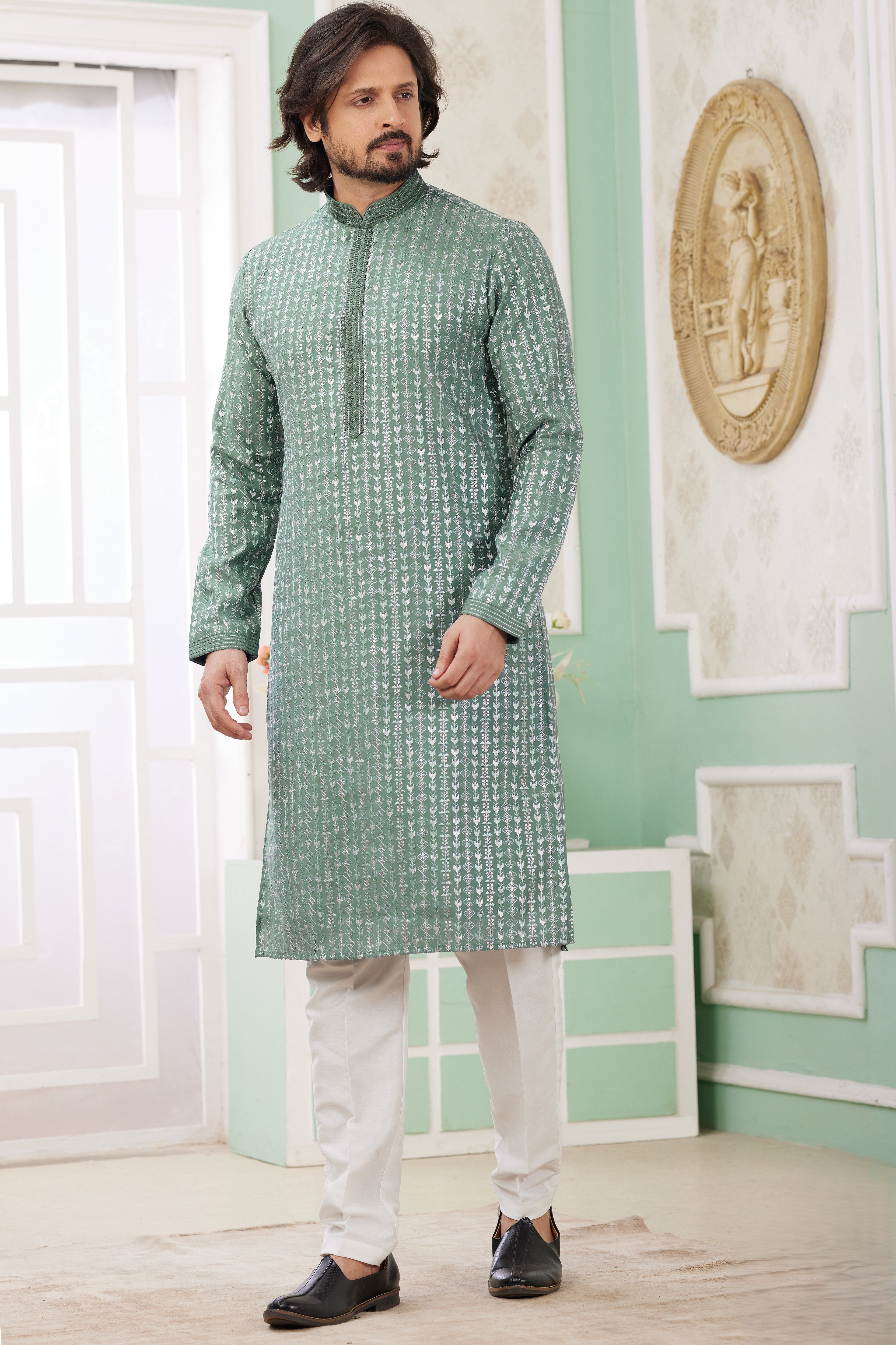 Light Green Art Silk Father Son Matching Combo Indo Western Traditional Sherwani Long Kurta & Pajama Suit for Wedding - Embroidery Work