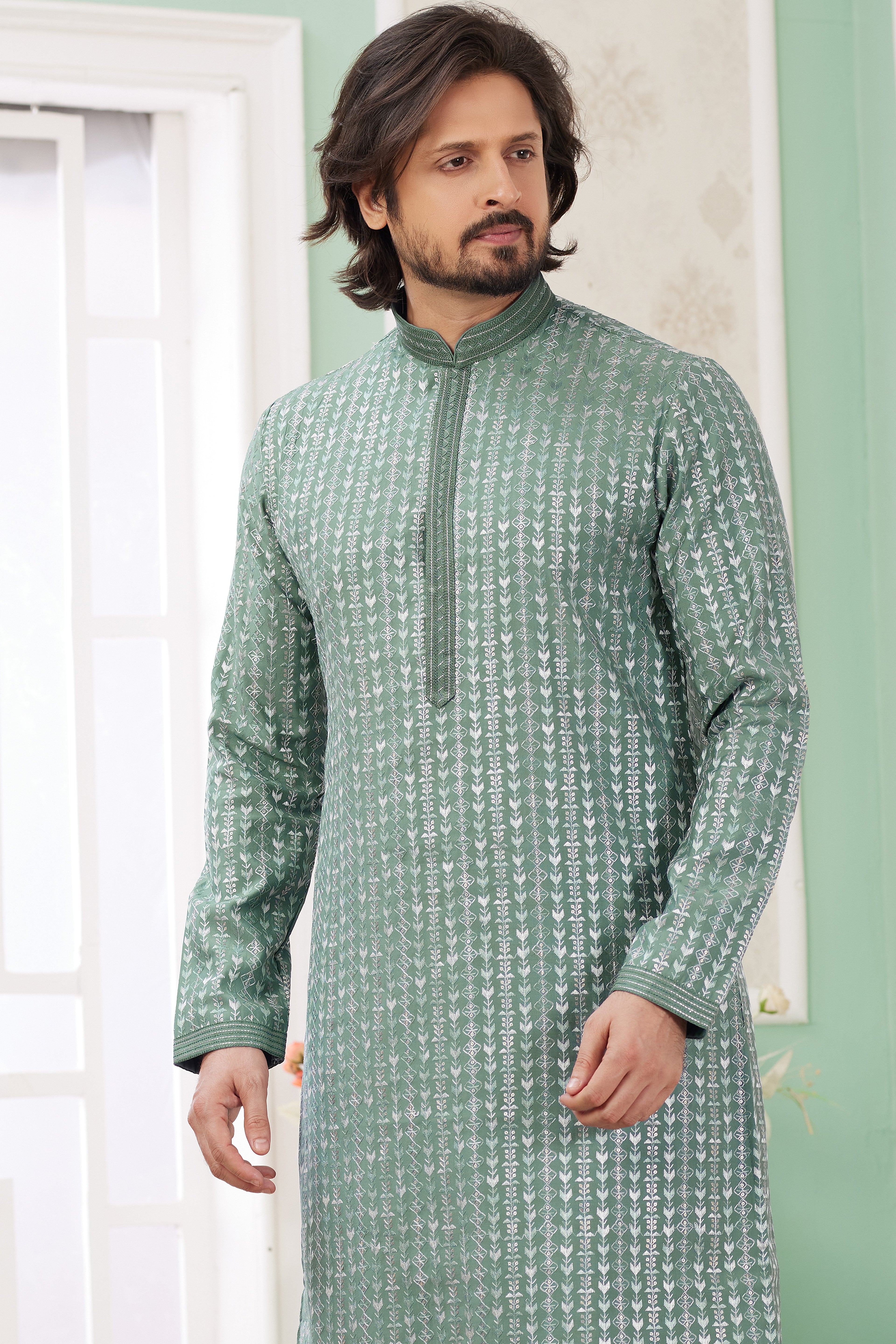 Light Green Art Silk Father Son Matching Combo Indo Western Traditional Sherwani Long Kurta & Pajama Suit for Wedding - Embroidery Work