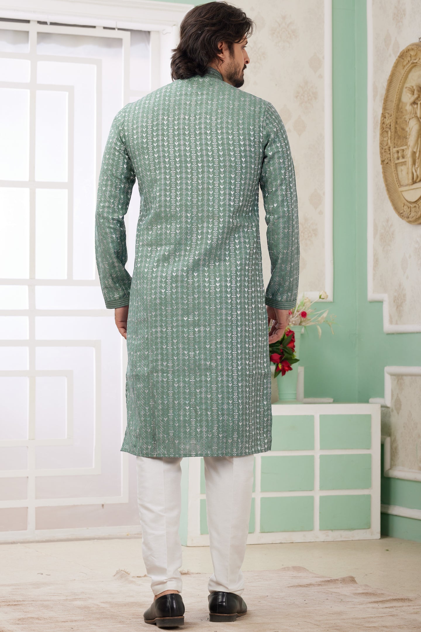 Light Green Art Silk Father Son Matching Combo Indo Western Traditional Sherwani Long Kurta & Pajama Suit for Wedding - Embroidery Work