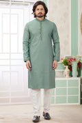 Light Green Art Silk Indo Western Traditional Sherwani Long Kurta & Pant Suit for Men for Wedding - Embrodery Work