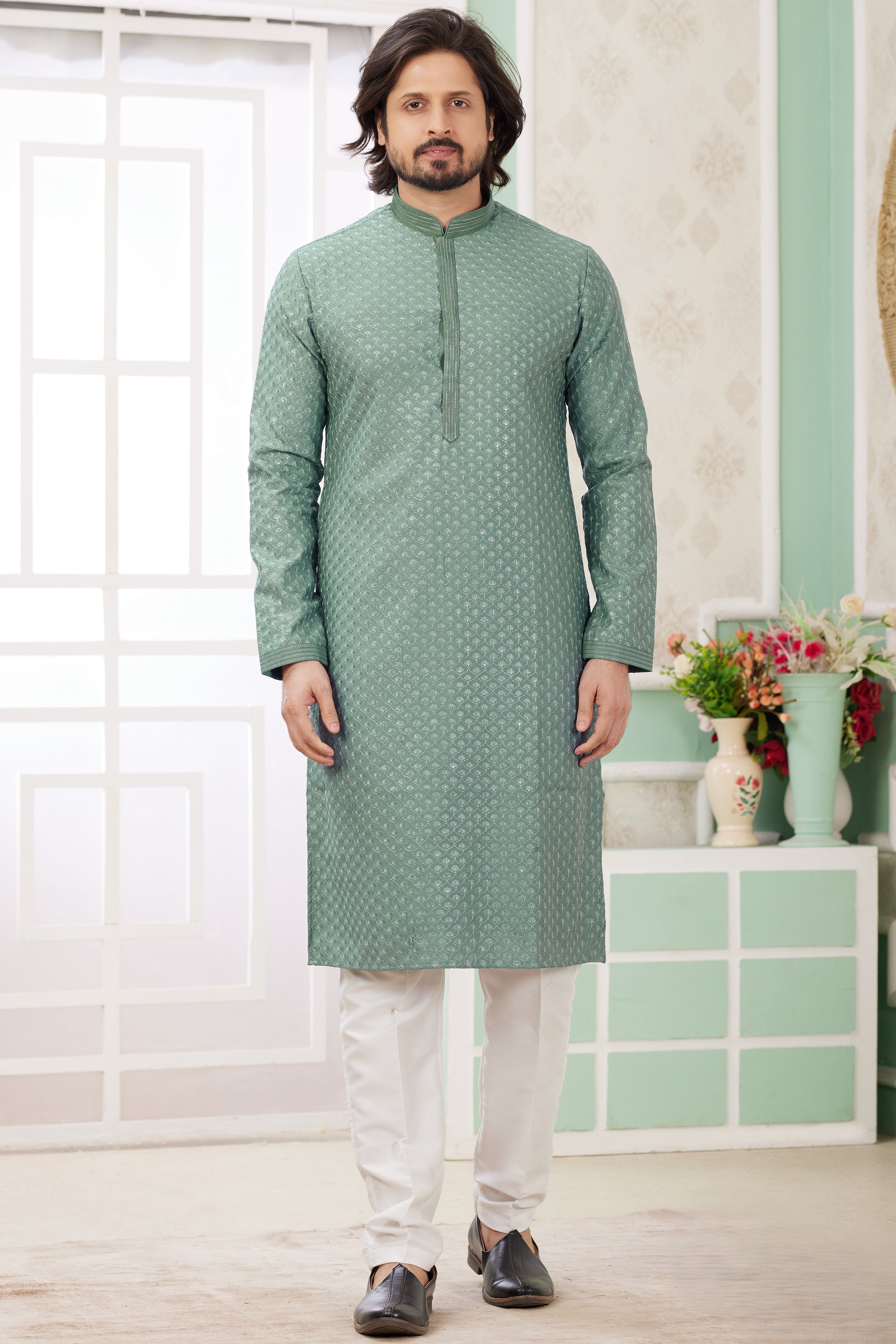 Light Green Art Silk Indo Western Traditional Sherwani Long Kurta & Pant Suit for Men for Wedding - Embrodery Work
