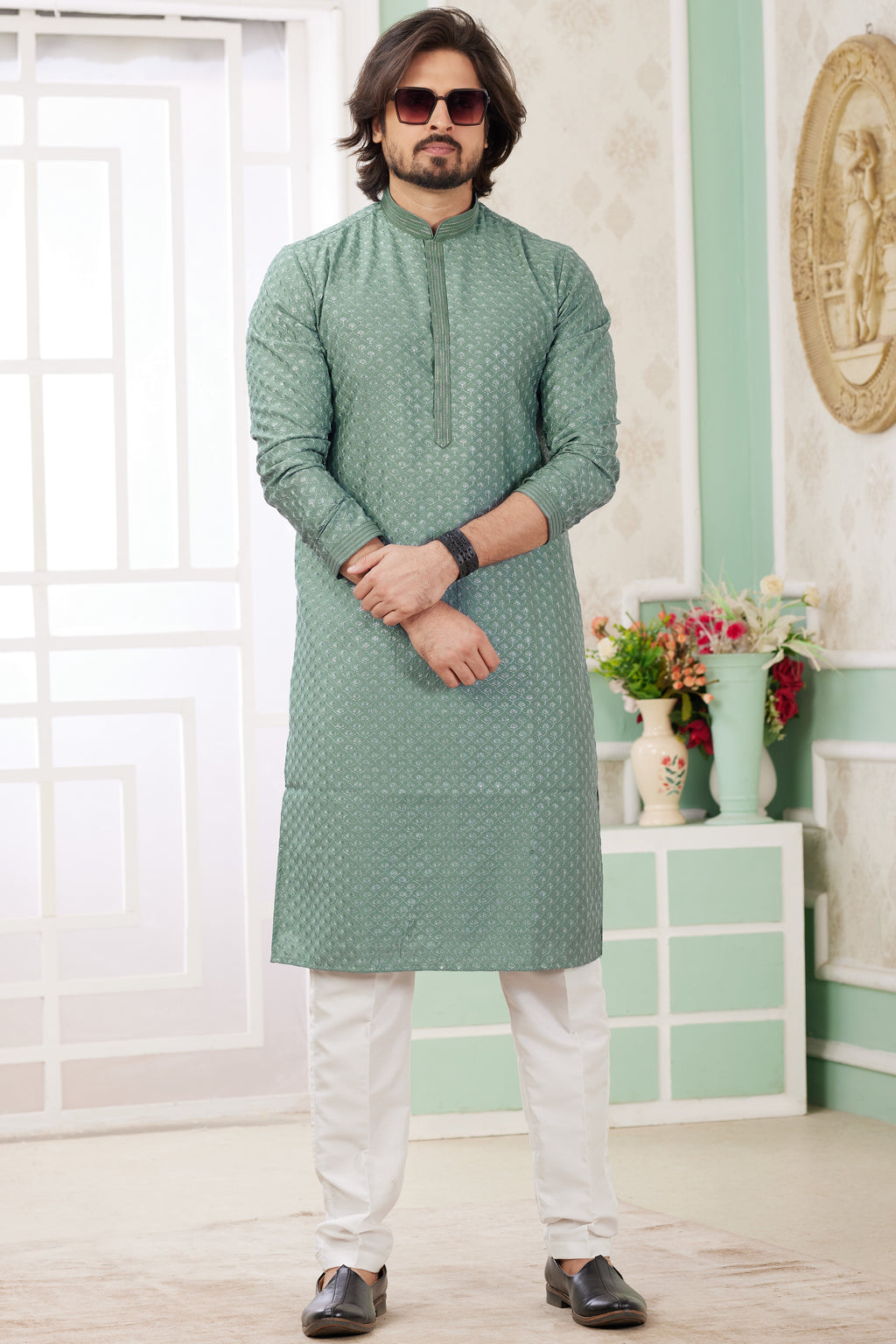 Light Green Art Silk Indo Western Traditional Sherwani Long Kurta & Pant Suit for Men for Wedding - Embrodery Work